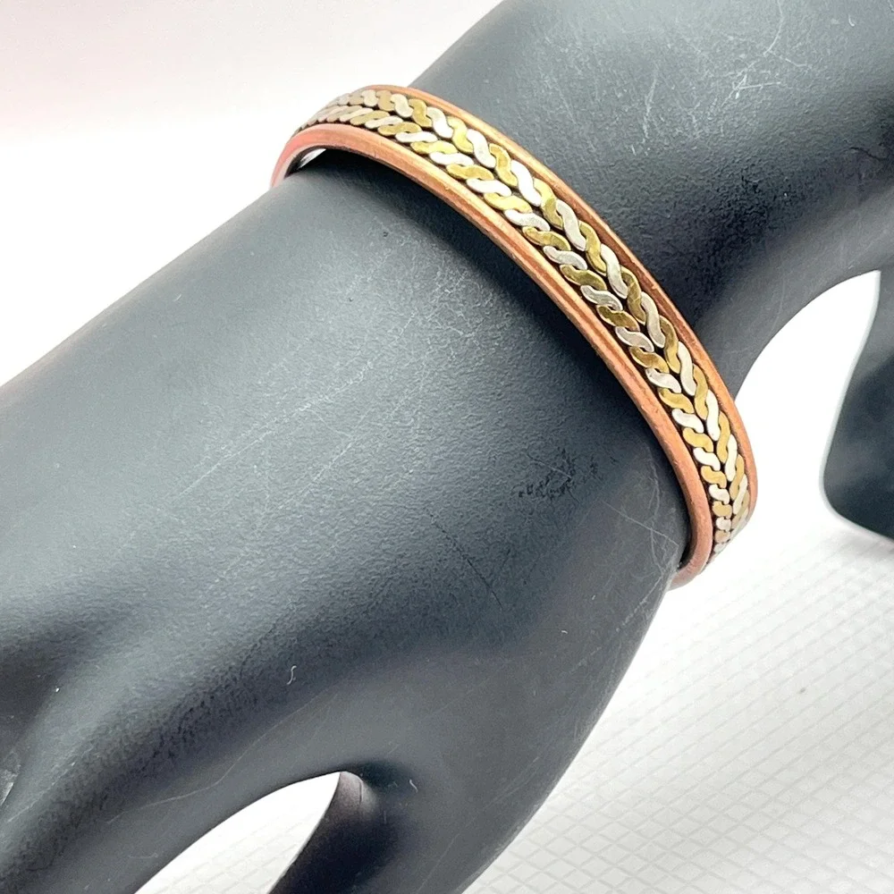Vintage Copper Tri-Tone Braided Rope Cuff Bracelet w/ Gold and Silver Tone